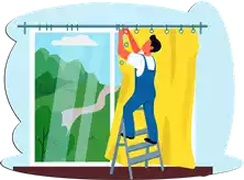 تعليق الستائر Hanging curtains He is hanging the curtains using the ladder